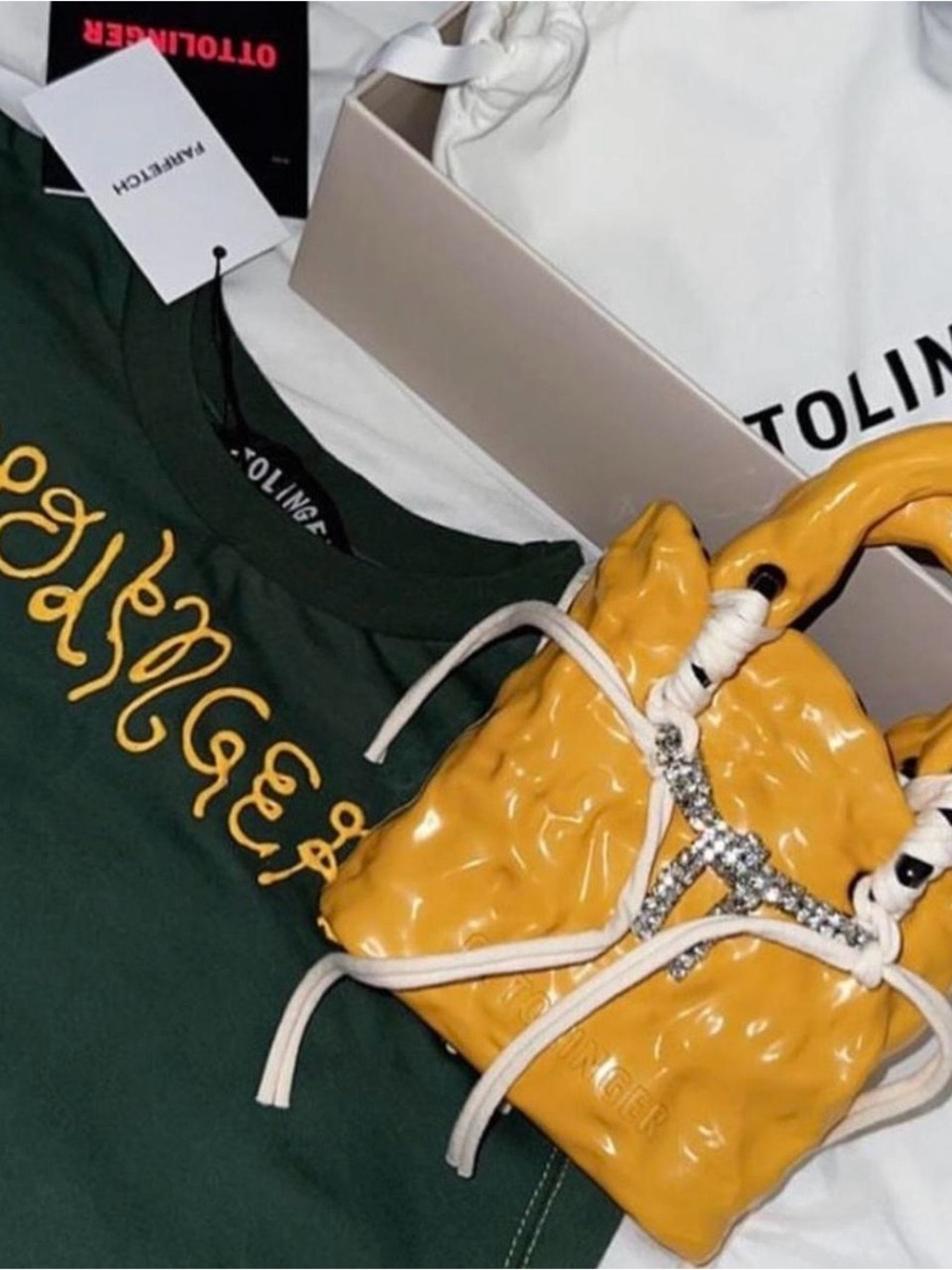 Ottolinger Yellow Glossy Mini Drawstring Bag with Crystal Accent